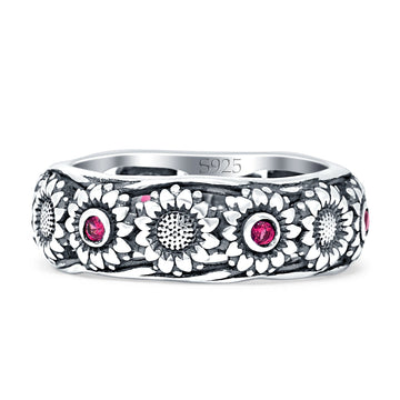Sunflower Oxidized Statement Wedding Band Ruby CZ 925 Sterling Silver Wholesale